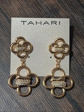 Tahari Gold-tone Crystal Clover Drop Earrings